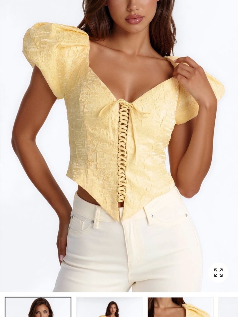 Fashion Nova Yellow Lace-Up Puff Sleeve Corset Top